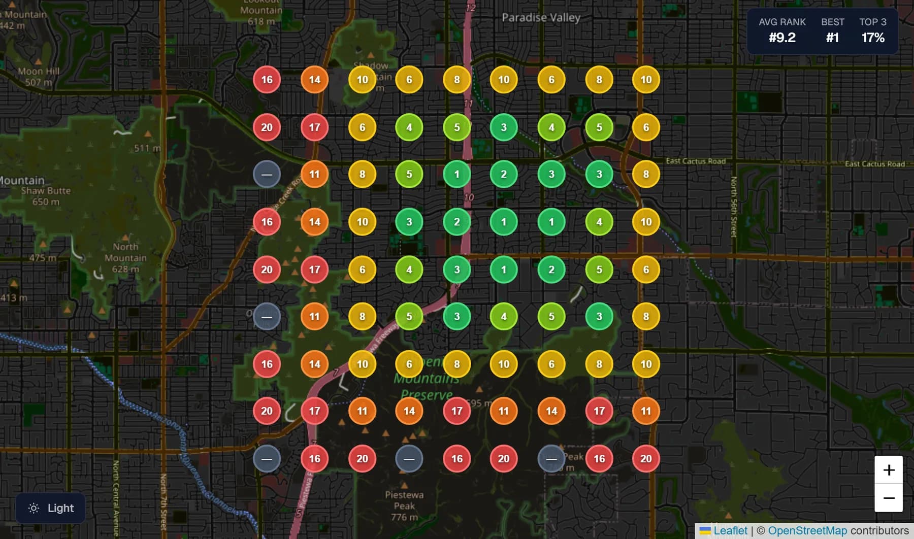Google Maps Pack rank heatmap across a Phoenix geo-grid — green where the business wins, red where it doesn't
